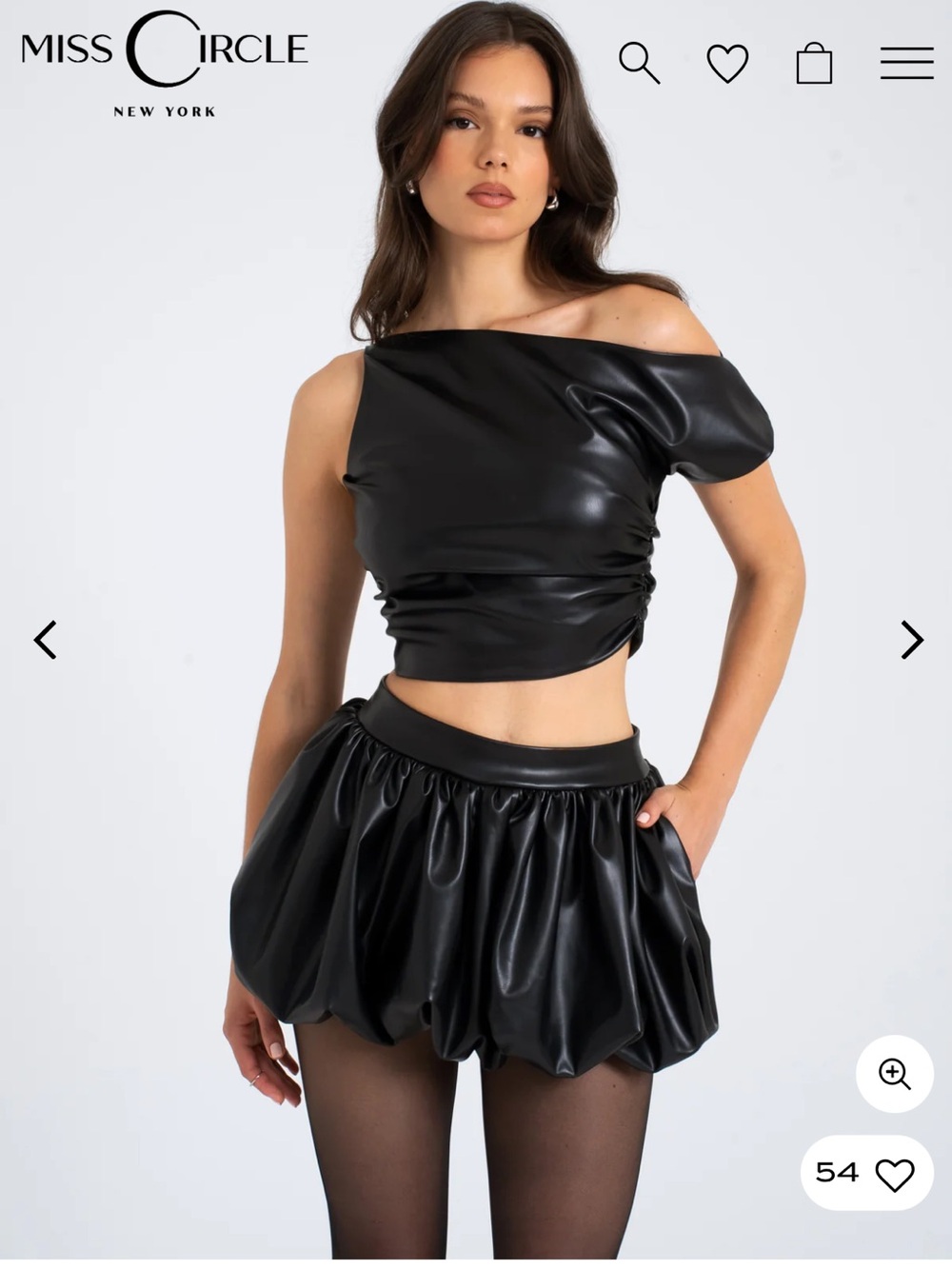 Miss Circle Vegan Leather Slash Neck Top & Bubble Skirt 2 Piece SET